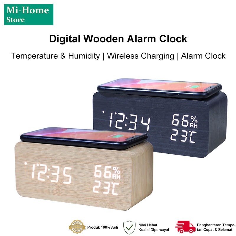Digital Clock LED Wooden Alarm Clock with Wireless Charging Temperature ...