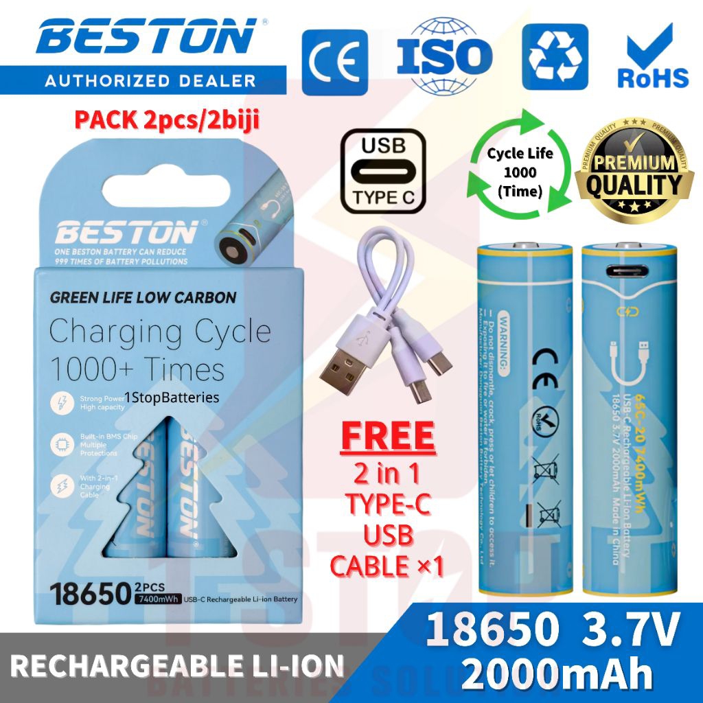 [Original] BESTON 18650 3.7V Li-ion 2000mAh USB Type-C Direct Charge ...