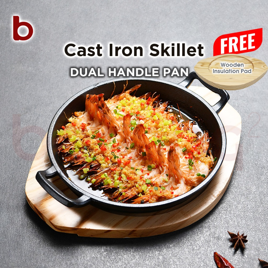[MY STOCK] Pre-Seasoned Dual Loop Handles Cast Iron Pan with Wooden ...