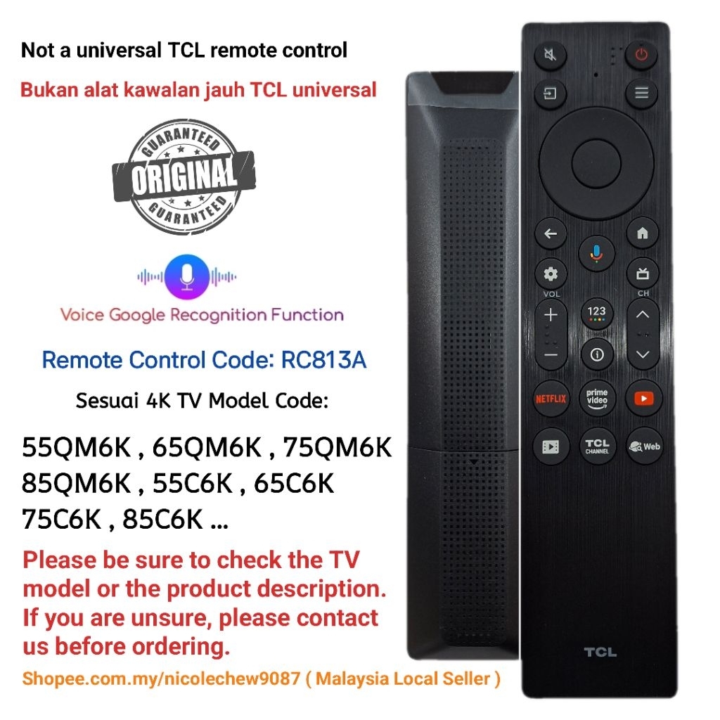 Original / Asal TCL RC813A 4K Led TV Remote Control With Voice Google ...