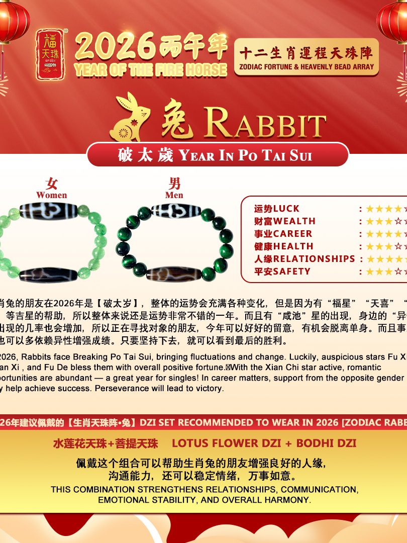 6FDzi 六畐天珠】2026十二生肖天珠阵— 兔(水莲花天珠+菩提天珠