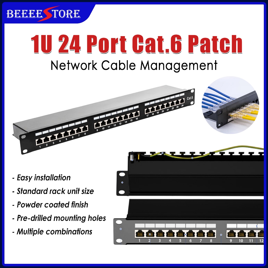 24 Port Cat6 RJ45 1U Rackmount Patch Panel 24Port Cable Management for ...