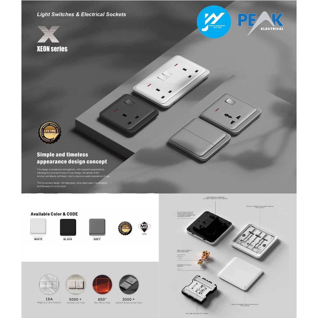 Peak XEON SIRIM 1,2,3,4 Gang Switch Socket Single Pole 13A 15A 20A ...