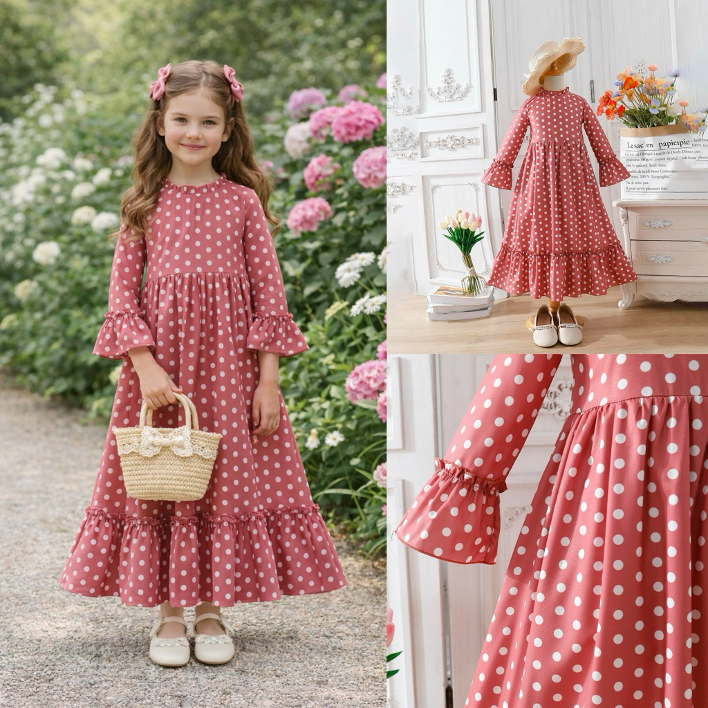 M'SIA STOCK] (4Y-14Y) Jubah Retro Dress Polkadot Event Dress White Polkadot  Long Dress Kids Dress Baju Raya Costume | Shopee Malaysia