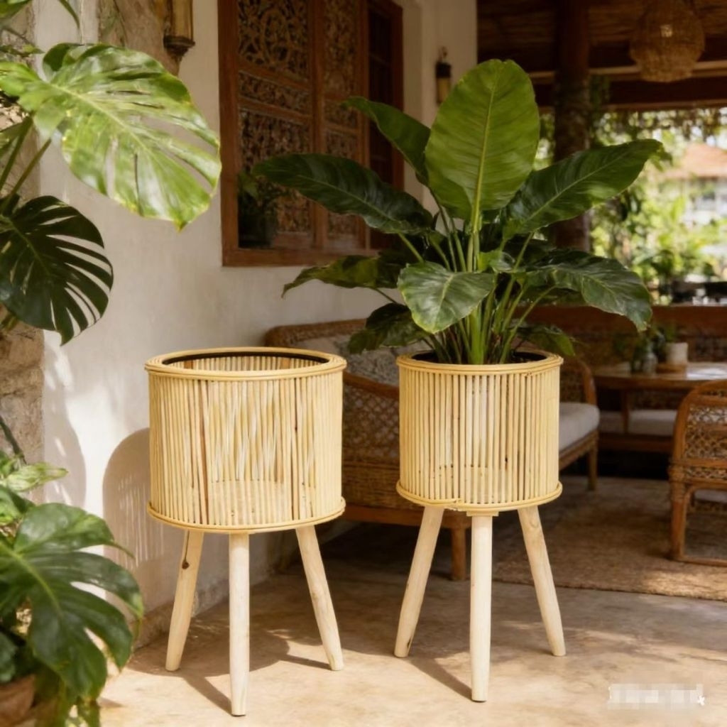 New Design Rattan Flower Pot Pot with stand Pasu berkaki tiga Pasu ...