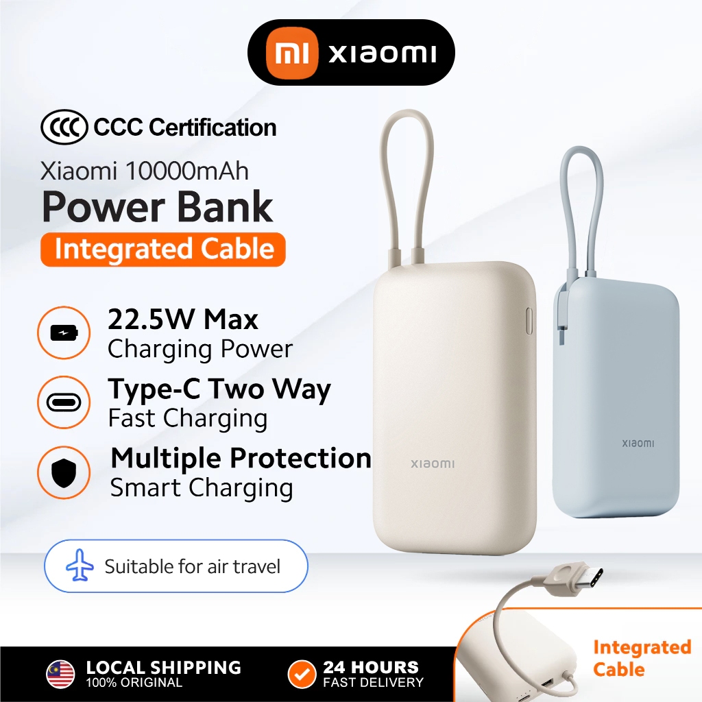 【CCC Certified】Xiaomi Powerbank 10000 / 20000mAh (Integrated Cable) | 22.5W Max Power | USB-C Two-Way Fast Charging