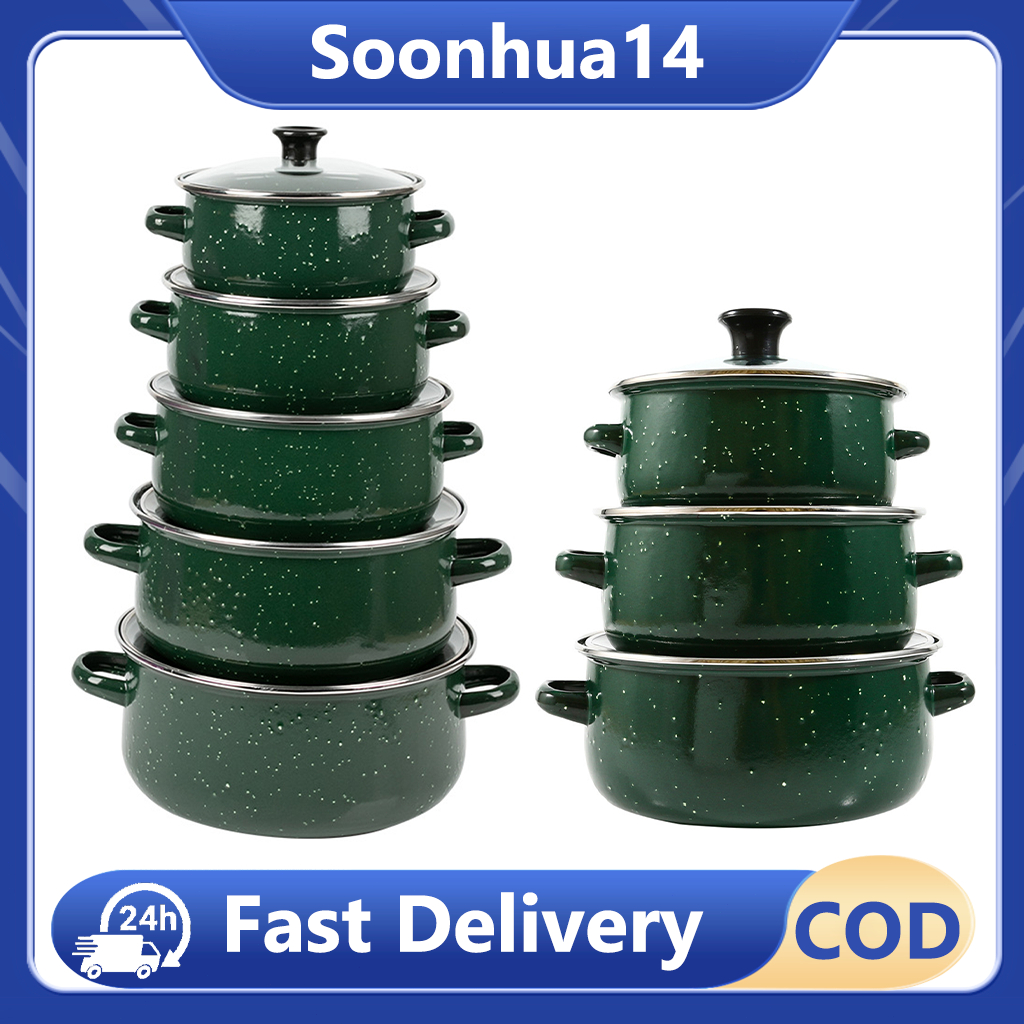 5PCS Enamel Pot Set Cookware Thickened Handle Glass Lid&Dual Handles ...