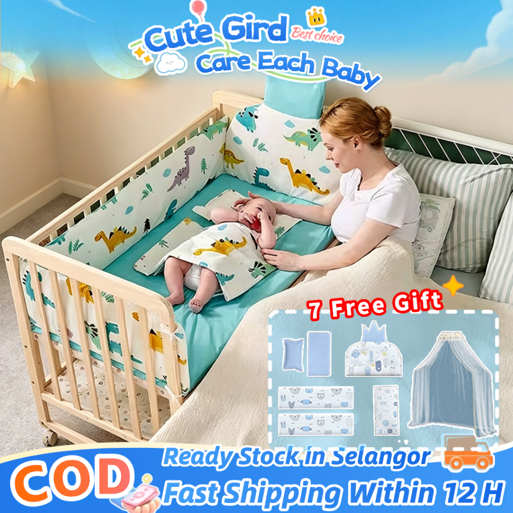 2 Tiers Wooden Baby Cot Katil Baby Bed Crib set with Five-Piece ...