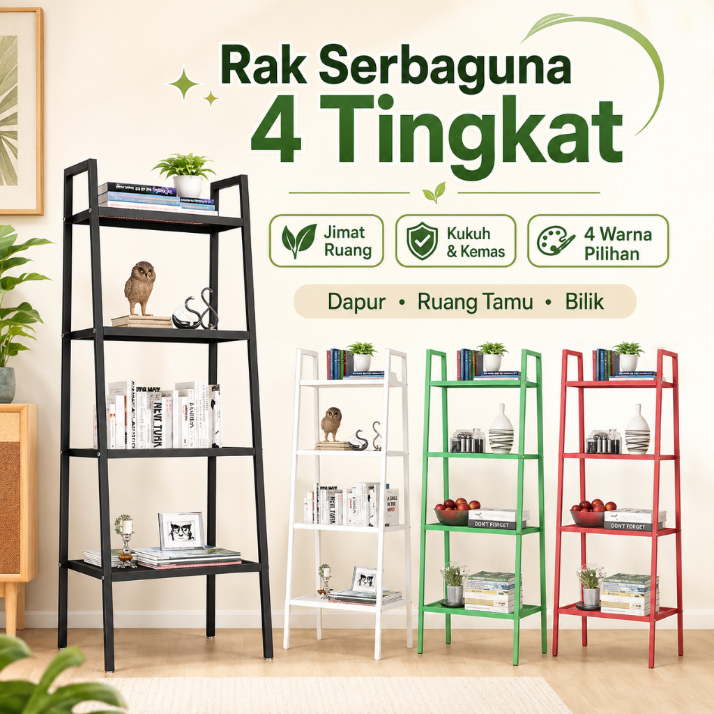 Rak Buku 4 Tingkat Serbaguna | Bookshelf Besi 150cm (60x35cm) | Rak ...