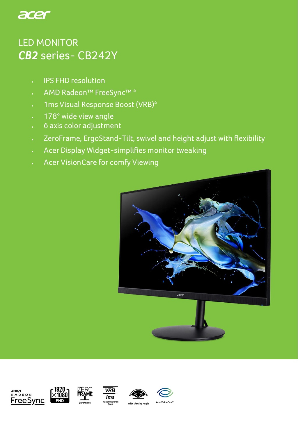 Acer CB242Y 23.8" FHD 75Hz Widescreen Monitor ( DP, HDMI, VGA, 3 Yrs ...