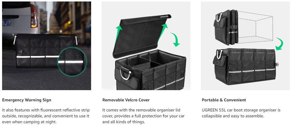 UGREEN Car Boot Organiser 55L Waterproof & Foldable Storage Tidy Box Trunk  Bag Maintenance Shopping Bag Hiking Camping