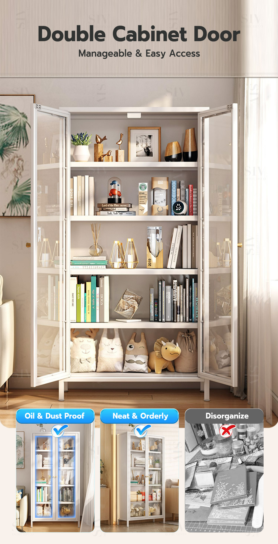 Murano Book Shelf Cabinet With Glass Door Bookcase Metal Display ...