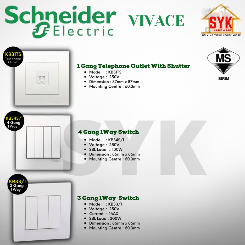 Syk Schneider Vivace 13a 15a 1gang 2gang 3gang 4gang 1way 2way Bell Press Telephone Outlet Cable 2648