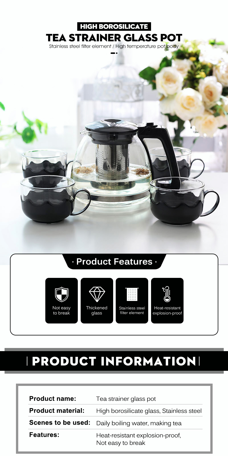 U-HOME Glass Teapot Teaset Heat Resistant Tea Maker Teko Detachable ...