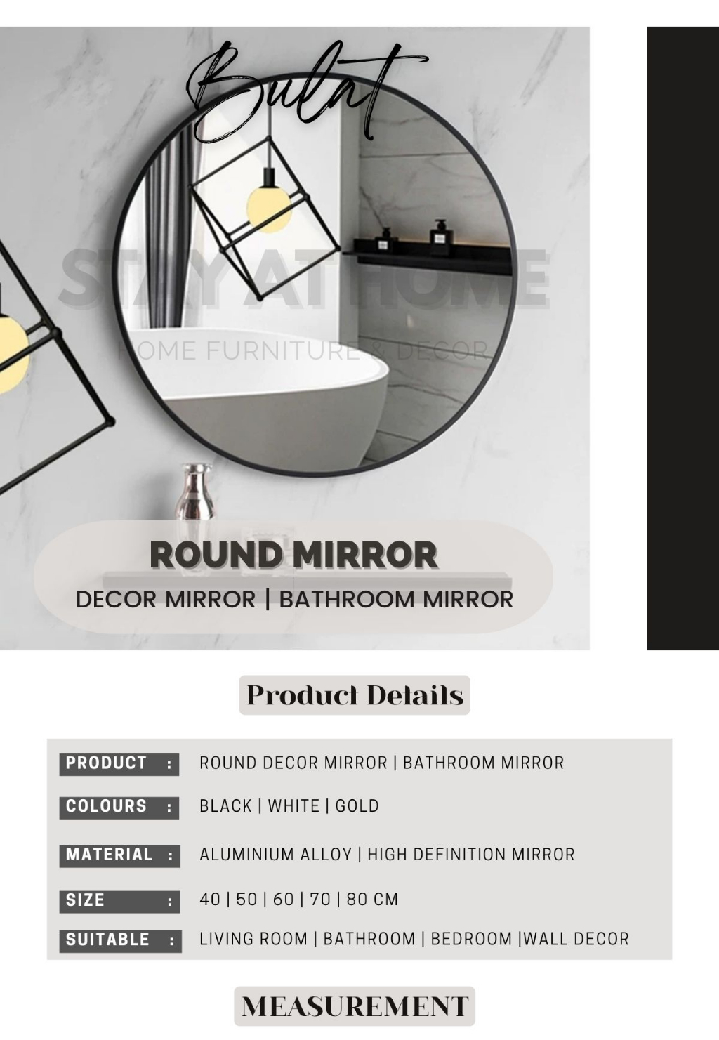 80CM Black Round Mirror Wall Mirror Vanity Mirror Circle Large Mirror ...