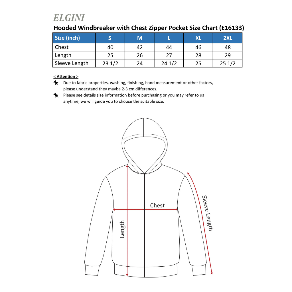 ELGINI E16133 Hooded Windbreaker Waterproof with Chest Zipper Pocket ...