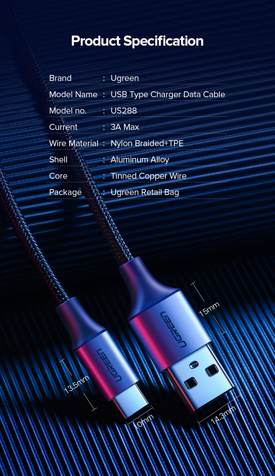 Ugreen cable USB cable - USB Type C Quick Charge 3.0 3A 0.25m