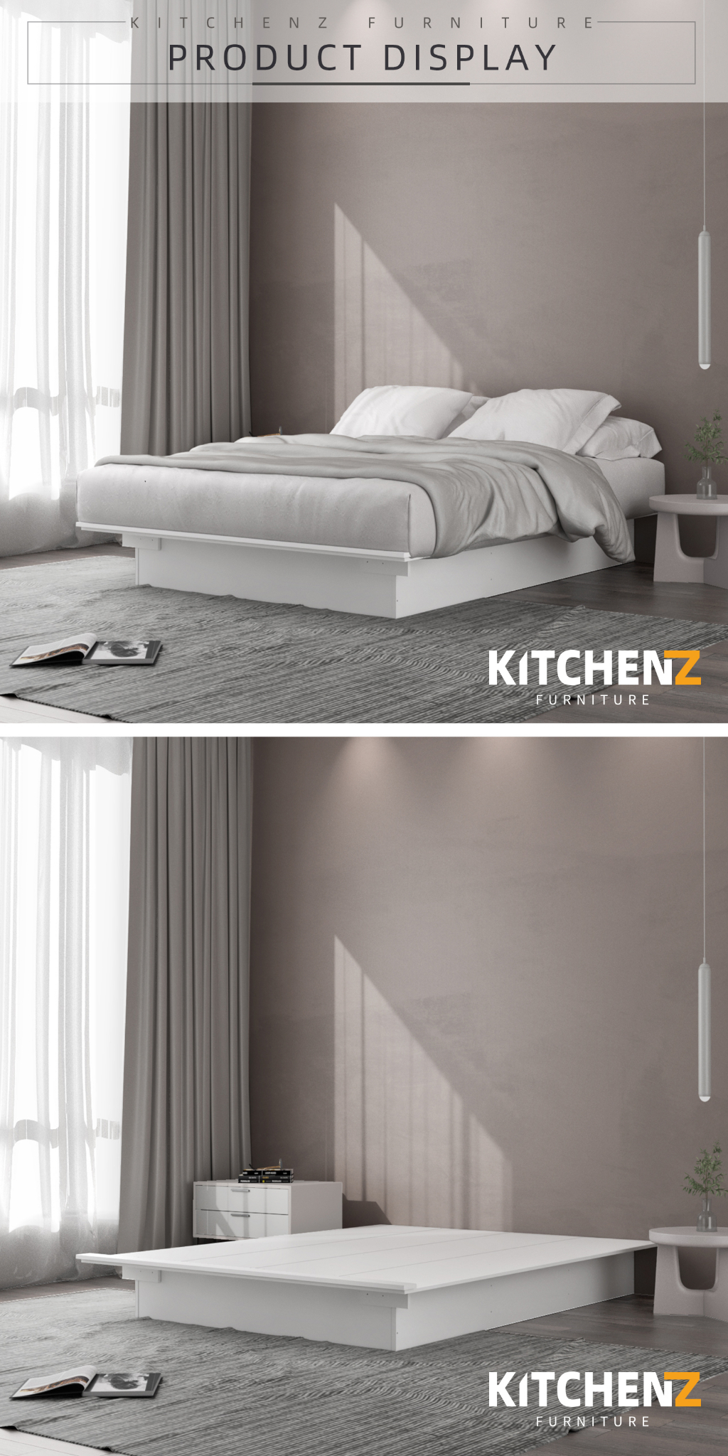 KitchenZ Jordan Series Wooden Queen Bed Frame with Headboard / Katil