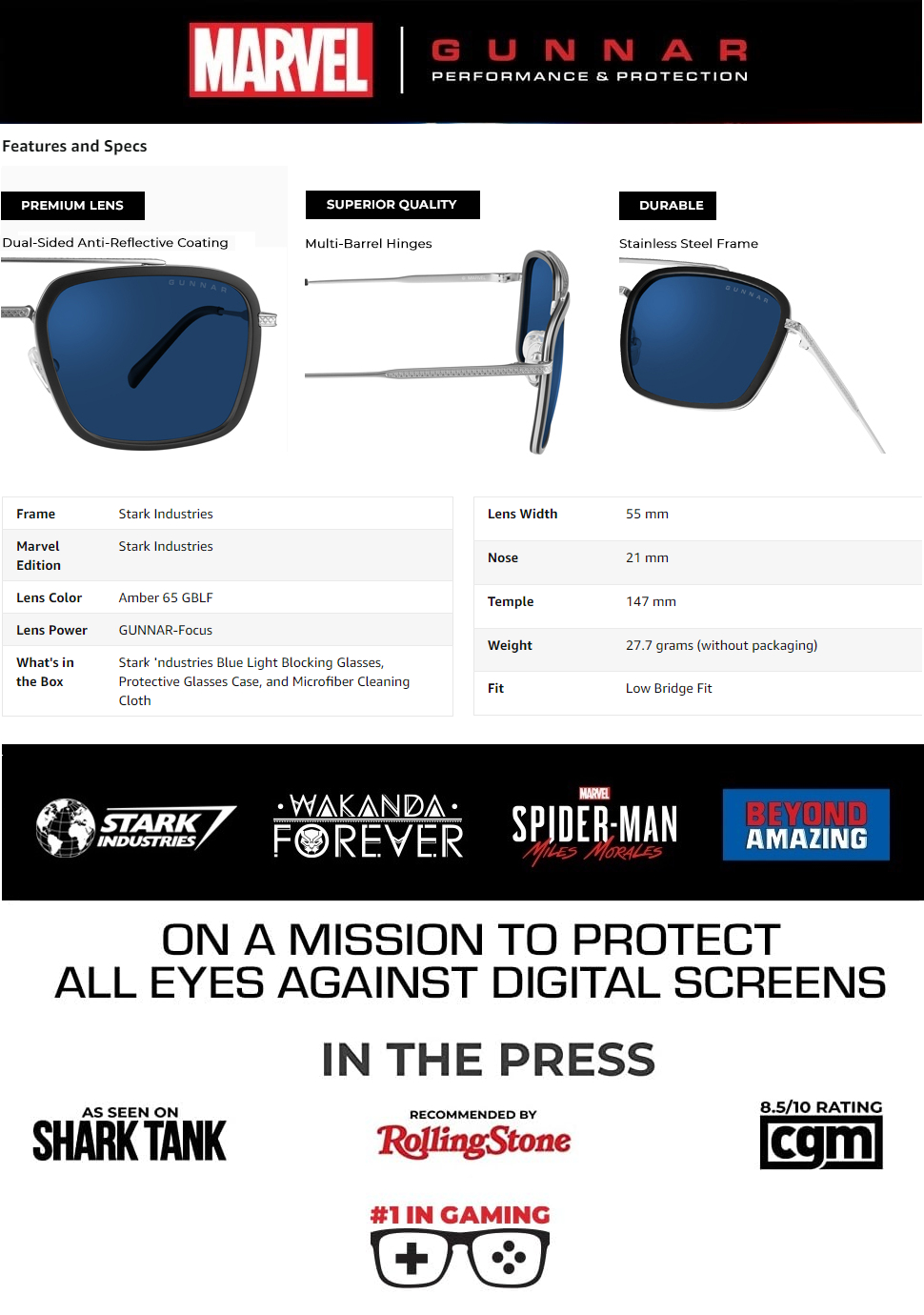 GUNNAR Marvel Edition Stark Industries Edition Anti Blue Light and UV ...