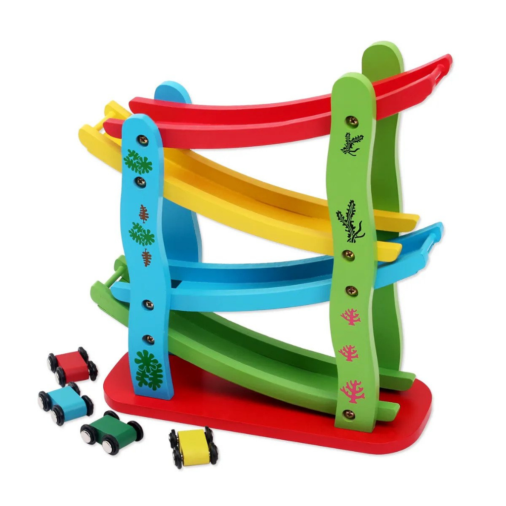 Wooden 4 Tracks Ladder Ramp Racer Toddler Toys Race Track Car for Kids ...