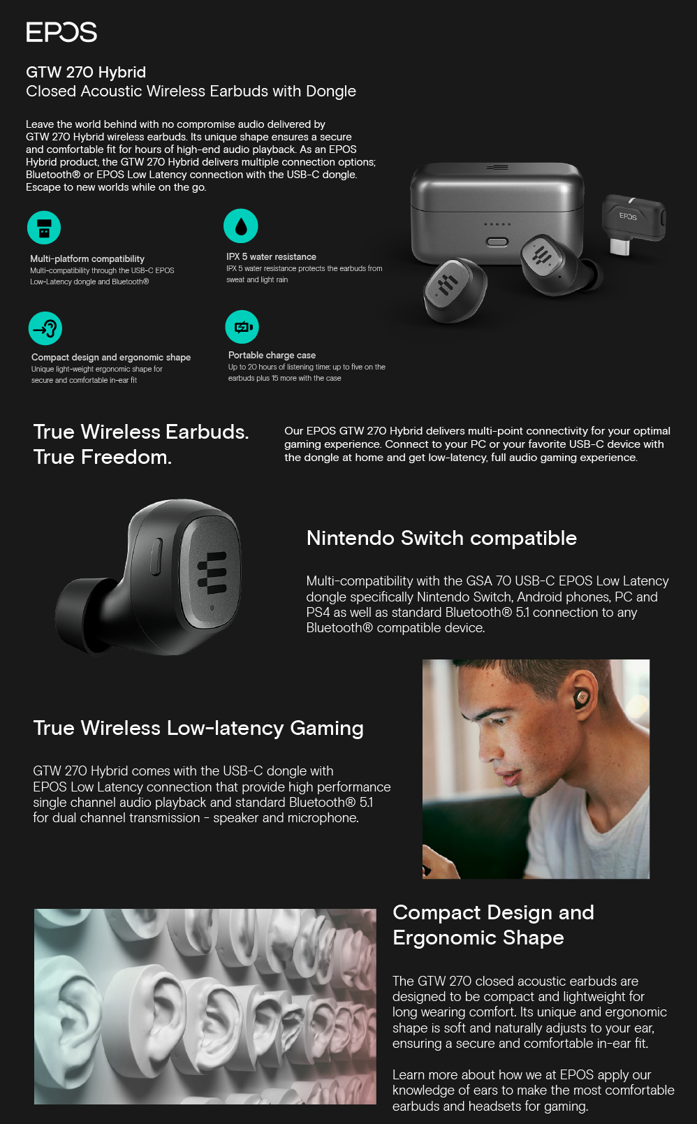 EPOS GTW 270 Hybrid Closed Acoustic Gaming Wireless Earbuds with