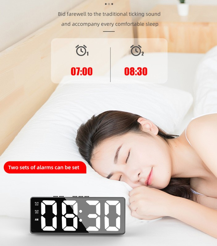 Black & White Mirror LED Clock Simple Digital Display Temperature Alarm ...
