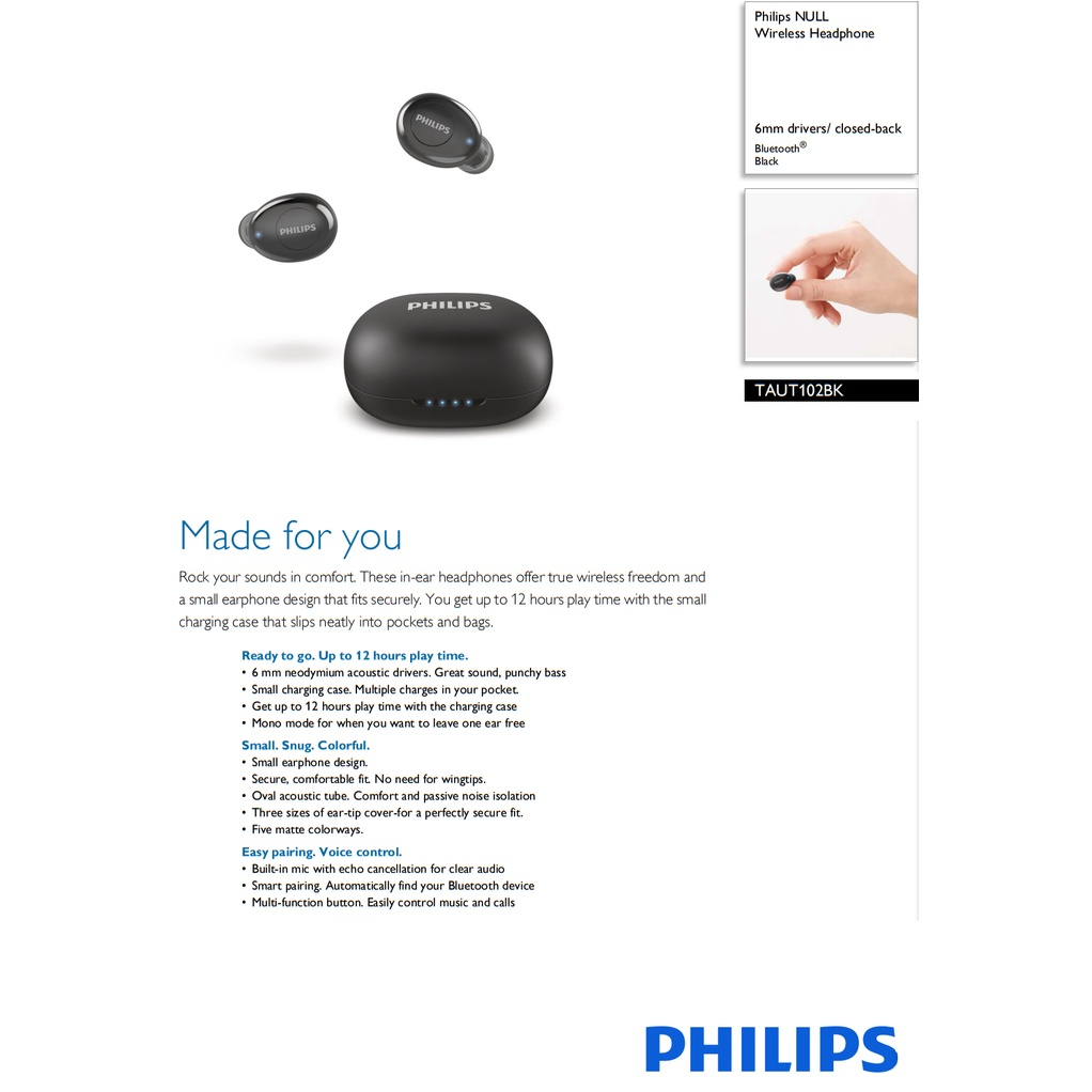 Philips Earbud In Ear True Wireless Earphones With Built In