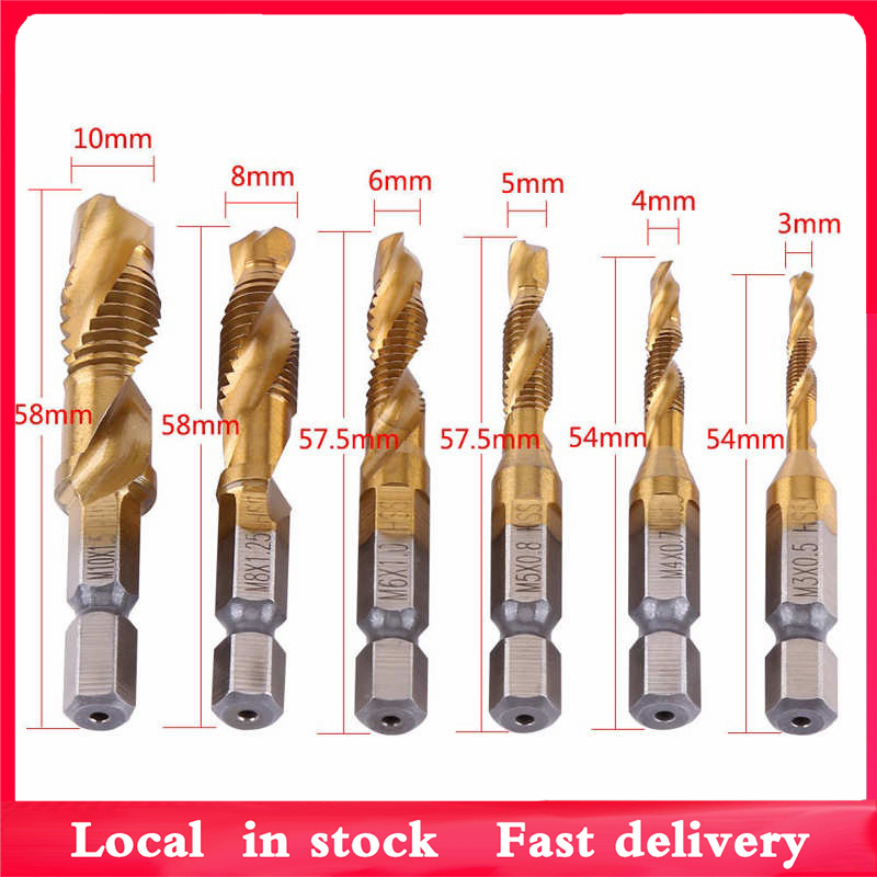 6PCS M3+M4+M5+M6+M8+M10 Titanium Coated HSS Thread Tap Set Metric Tap ...