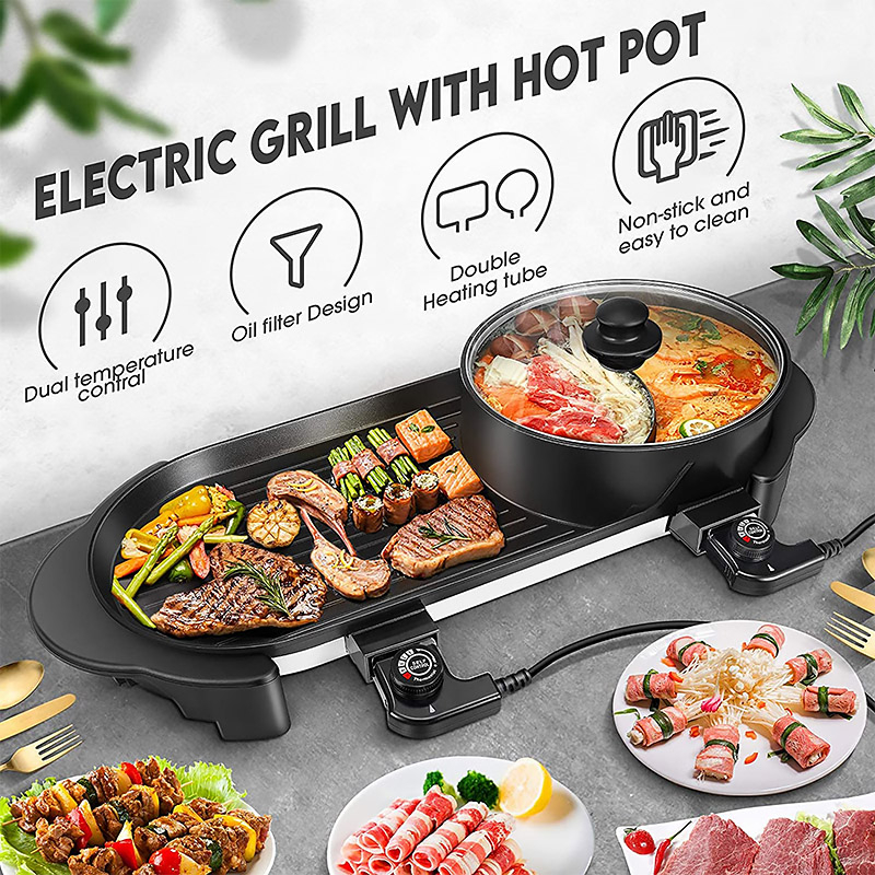 𝐅𝐀𝐒𝐓 𝐇𝐄𝐀𝐓𝐈𝐍𝐆 2 In 1 Non Stick BBQ Grill Pan Two Soup Electric Steamboat ...