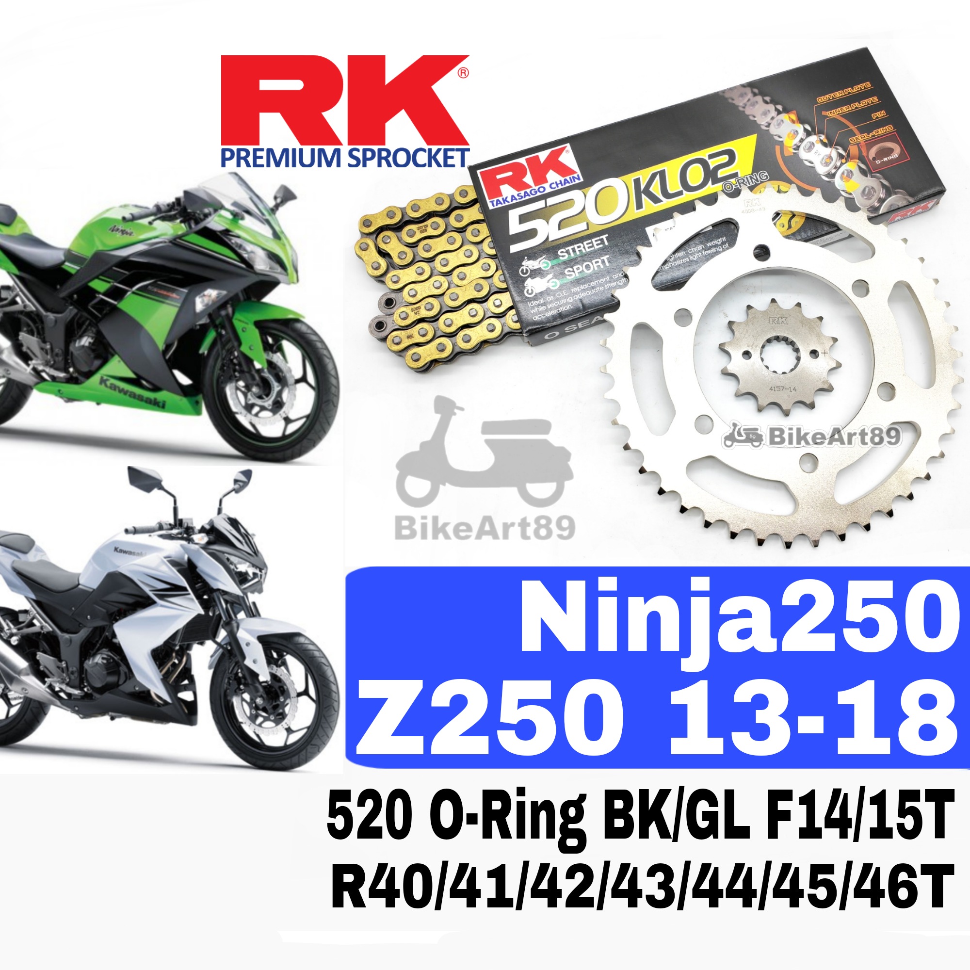 RK Sprocket Set Kawasaki Ninja 250 Z250 13-18 RK 520 KLO2 O-Ring Black ...