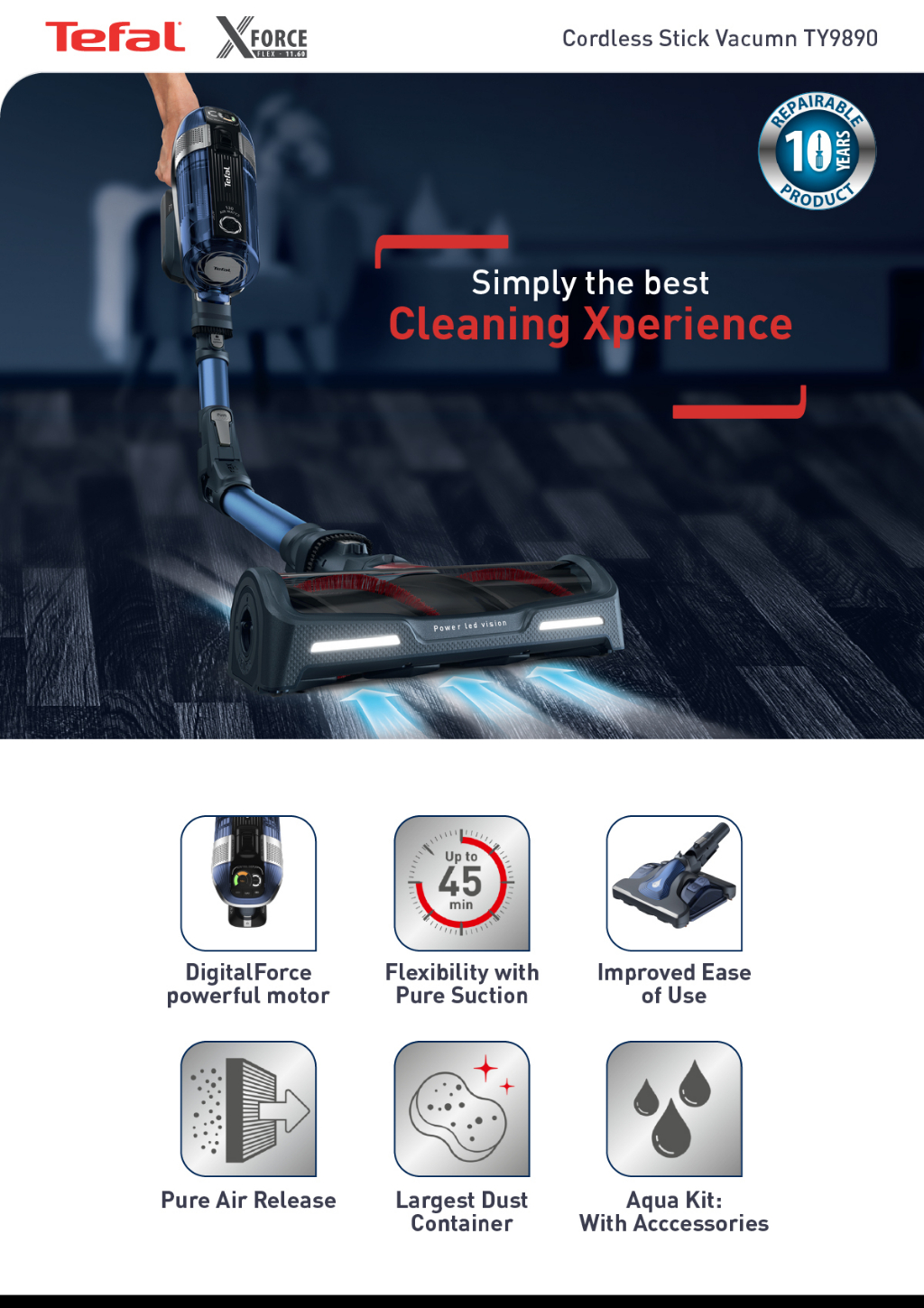 Tefal X-Force Flex 11.60 AQUA Cordless Wet & Dry Vacuum Cleaner, TY9890  (Floor Mop Washer Handstick Penyedut Habuk 吸尘器)