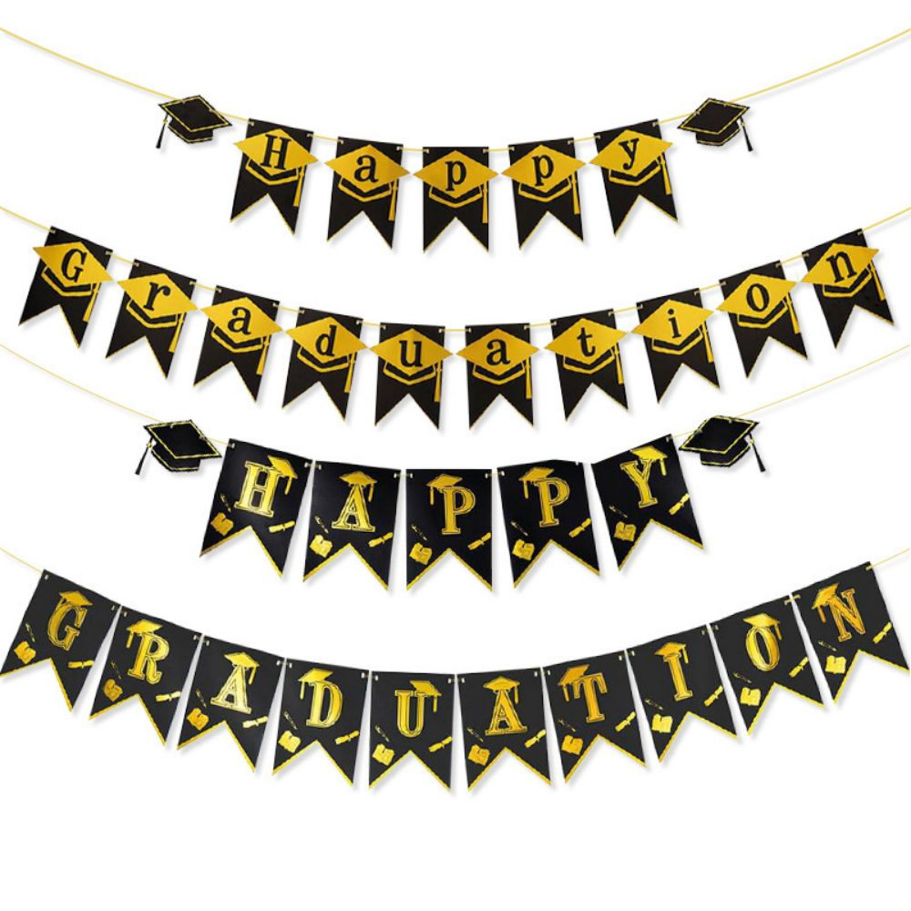 Happy Graduation Bunting 毕业快乐拉旗 Black+Gold Triangle Flag Glitter ...
