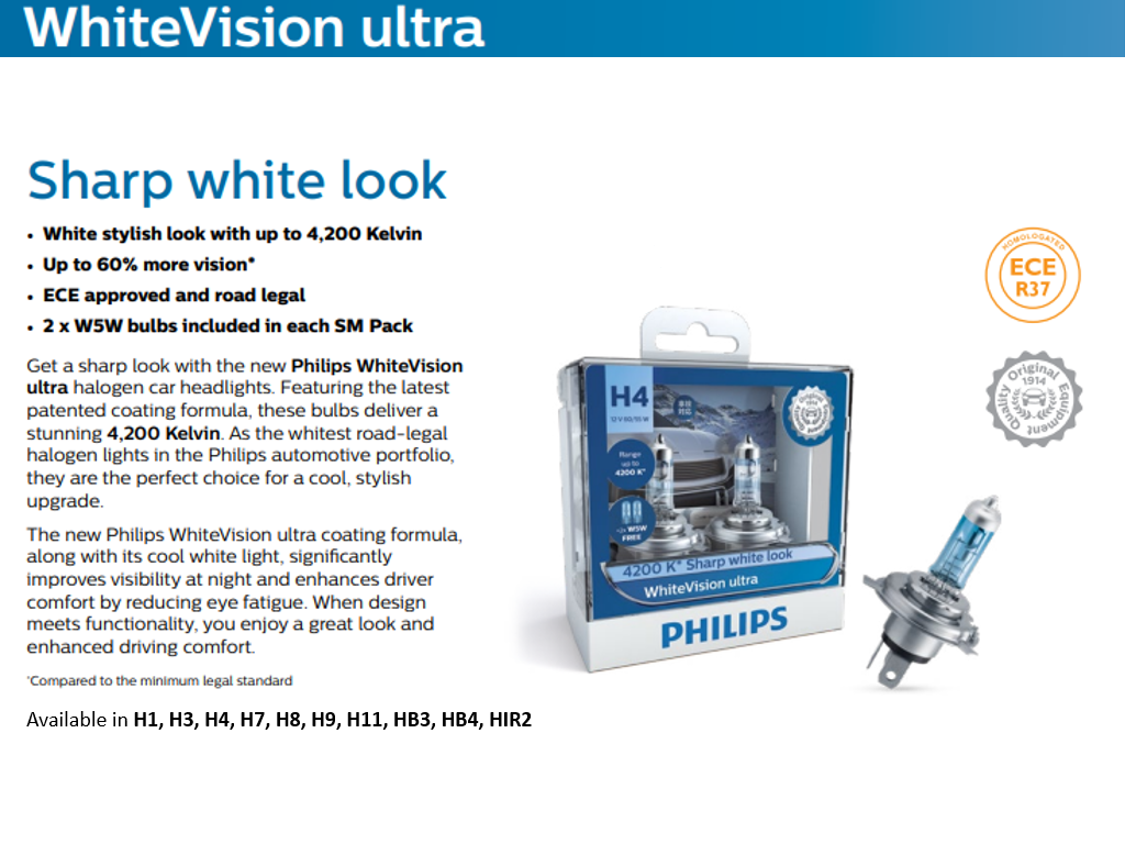 Philips White Vision Ultra Car Headlight Bulb (H1 H3 H4 H7 H8 H9