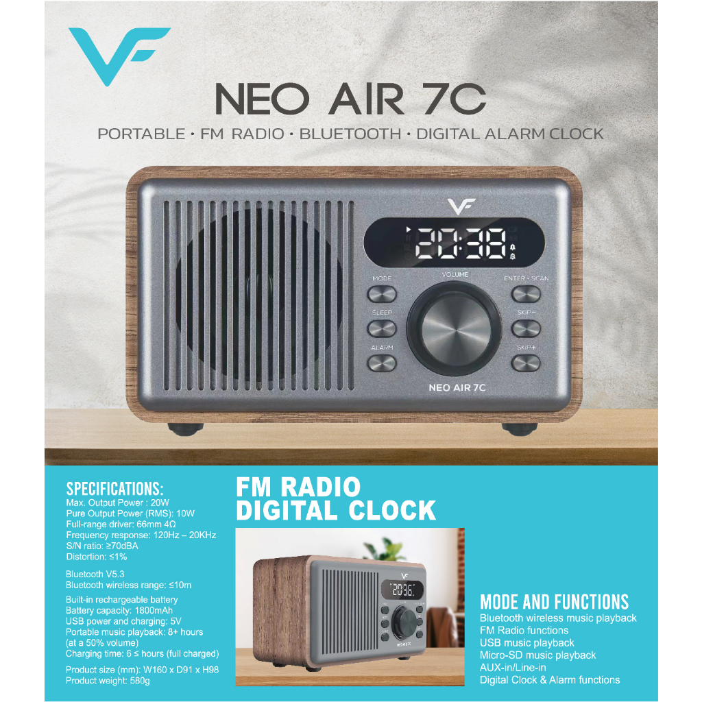 Vinnfier Neo Air 7C Digital Alarm Clock Portable Bluetooth v5.3 ...