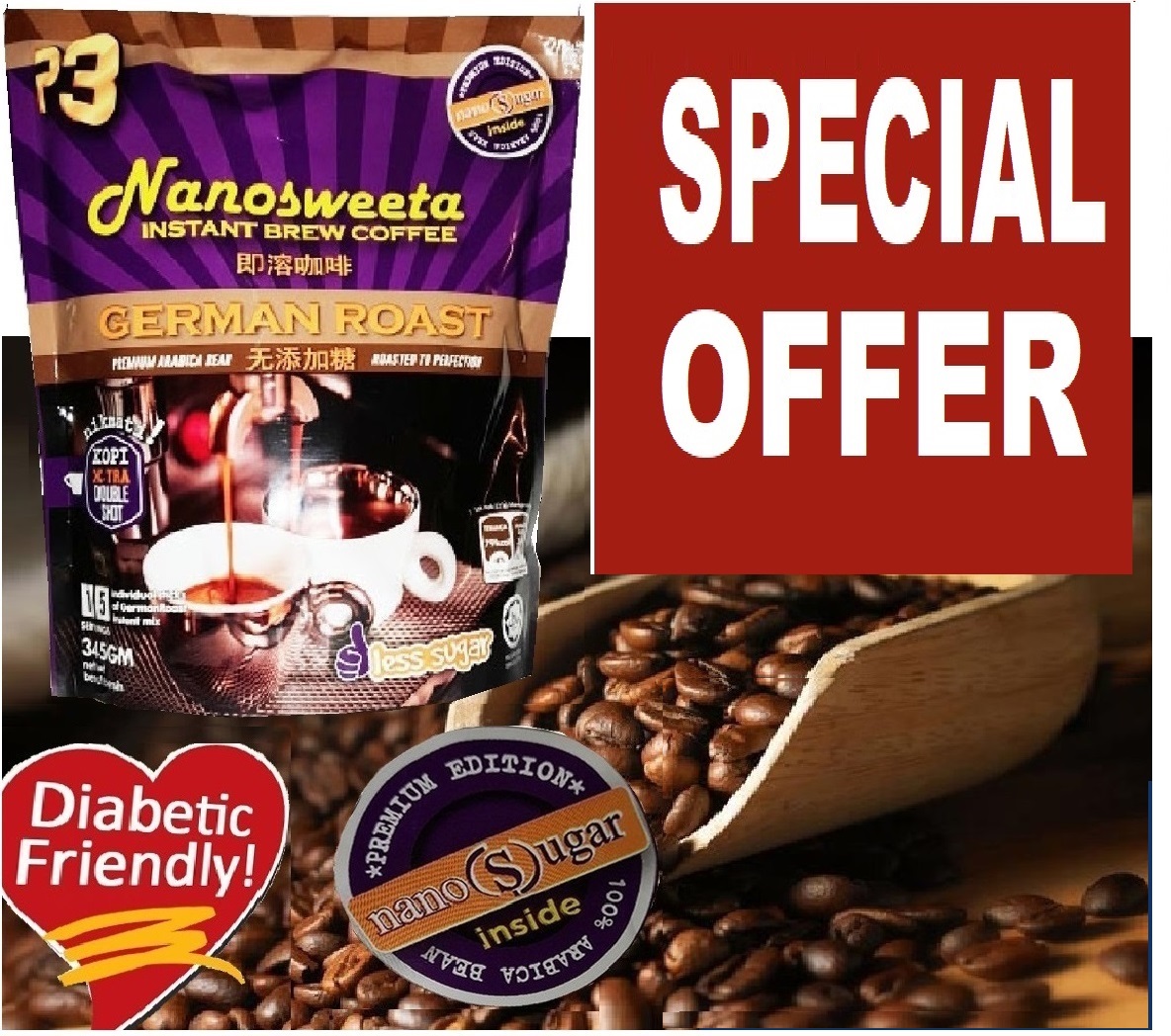 P3 Nanosweeta German Roast Coffee Low glycemic indexs(15sachet x 23g ...