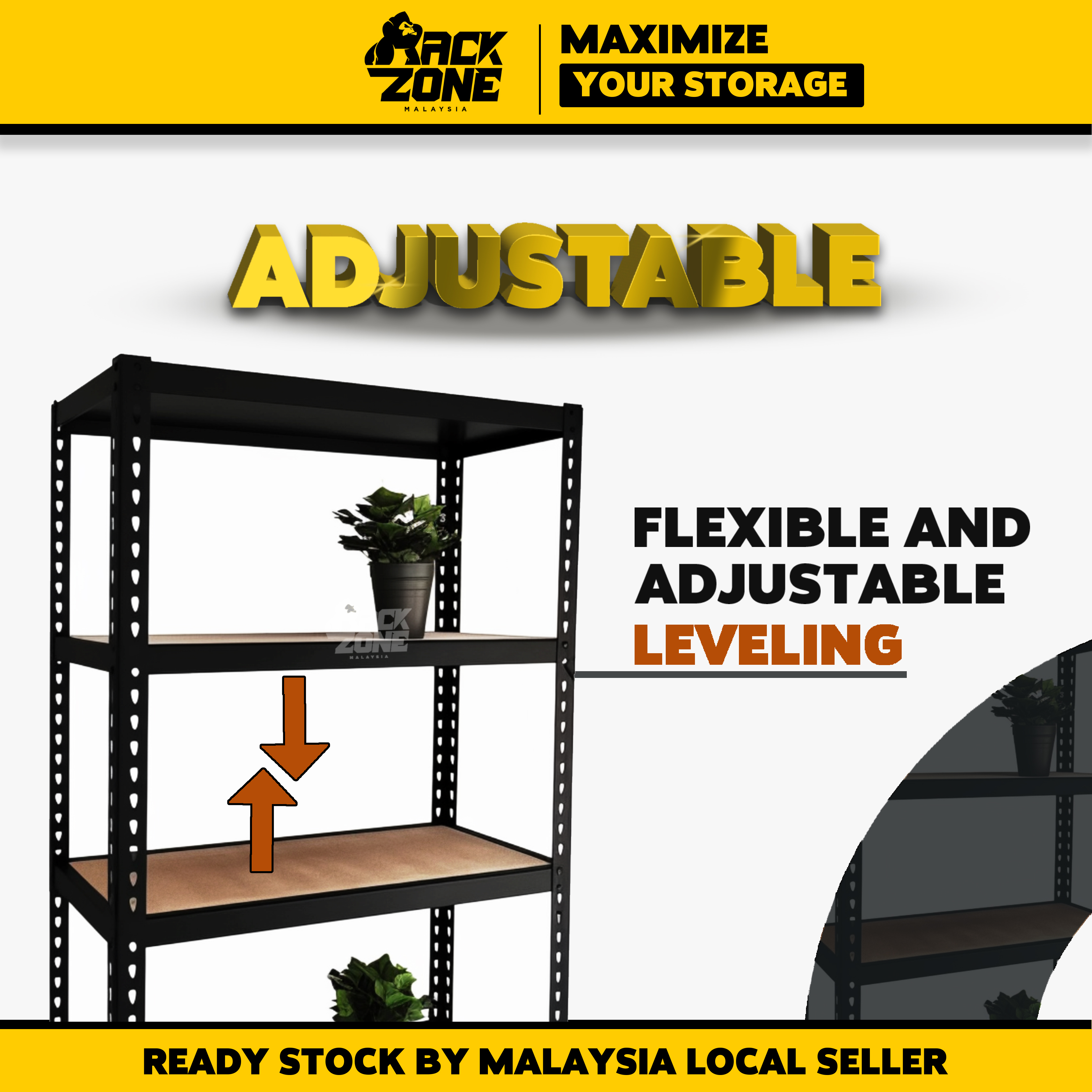 RACKZONE Black 4 Level Boltless Rack Heavy Duty Rak Rumah Bilik Stor ...