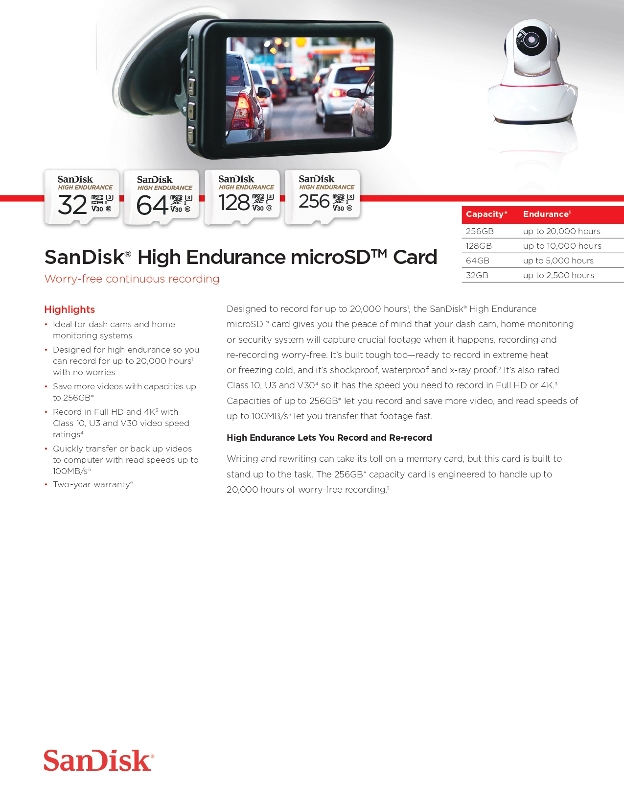 Carte SanDisk MicroSDHC 32 Go U3 V30 haute endurance