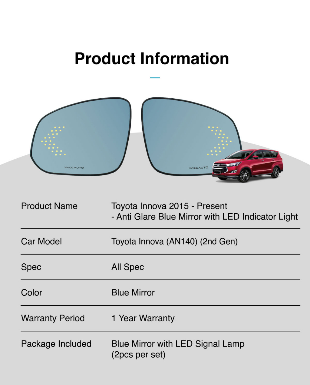 Toyota Innova 2nd Gen AN140 ( 2015 - 2023 ) Anti Glare Blue Mirror with ...