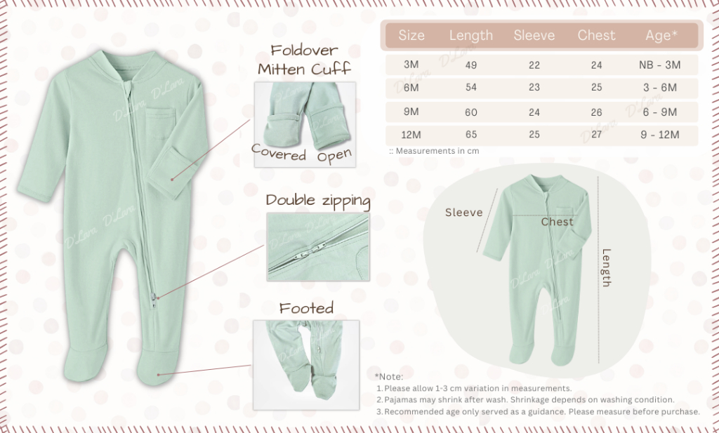 D'LARA Cotton Baby Pajamas Premium Fabric,Double Zip,Footed,Mitten