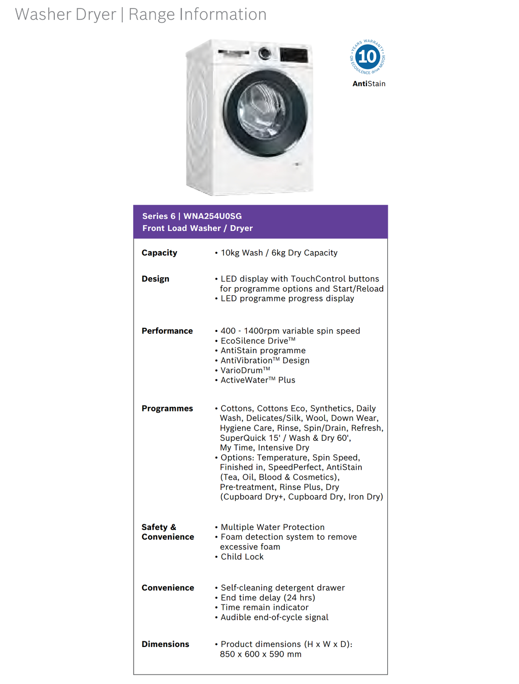 Bosch Washing Machine (10kg/6kg) EcoSilence Drive™ AntiStain ...