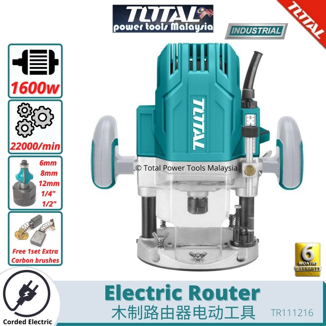 TOTAL Electric Wood Router 1600W Suitable with 6mm 8mm 12mm 1/4'' 1/2 ...