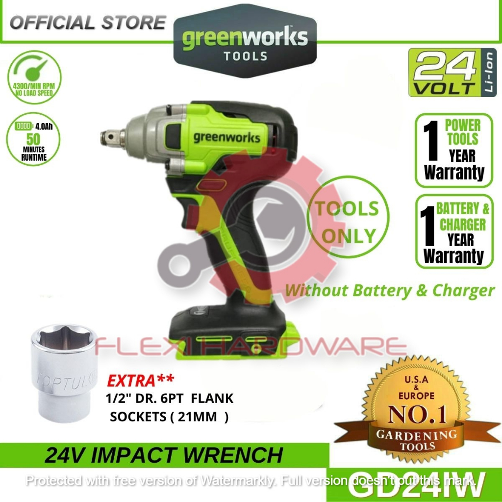 Greenworks GD24IW400 24V Cordless Impact Wrench W O Battery Charger 1 Year Warranty