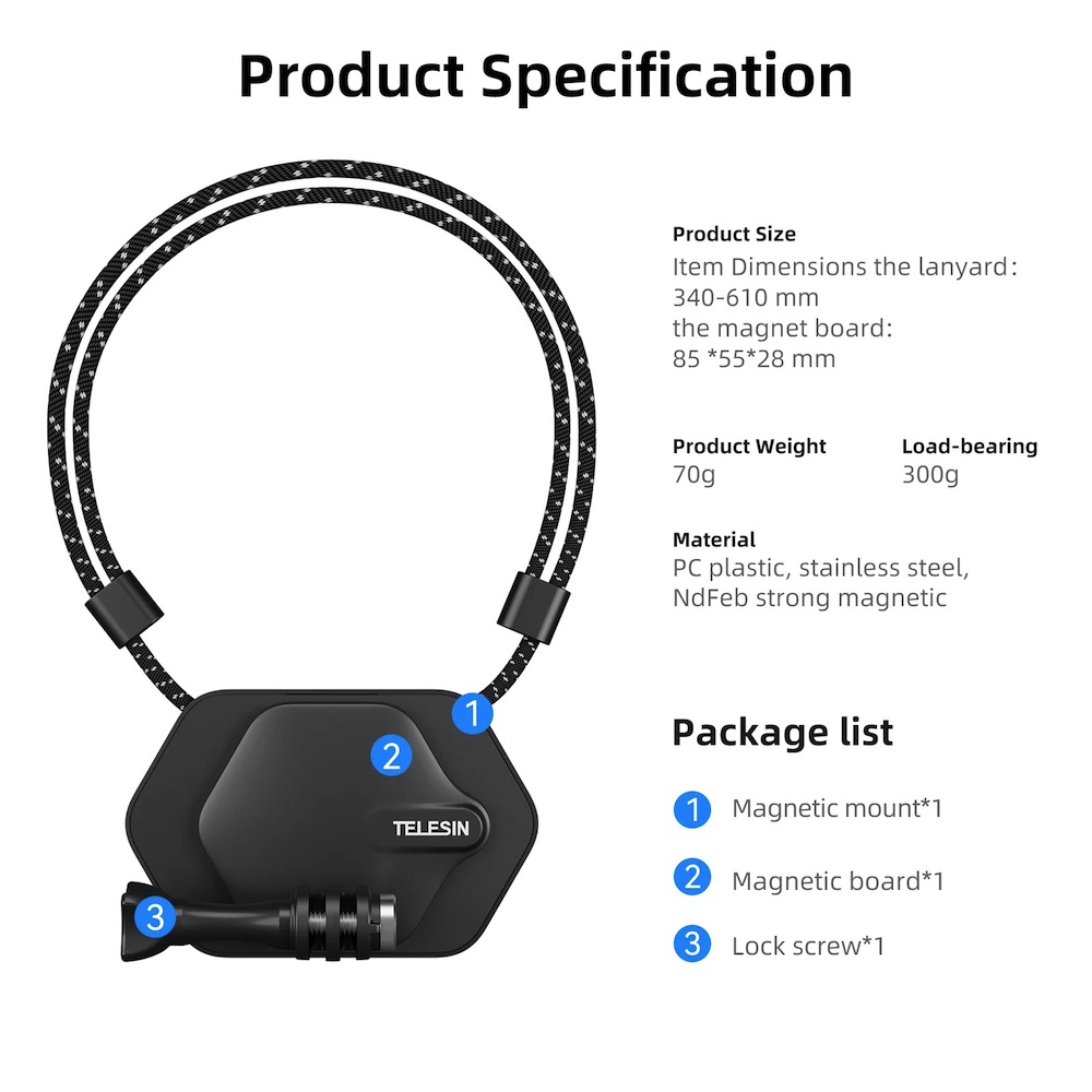 TELESIN Magnetic Pendant Lanyard Strap Chest Mount Halter Set for ...