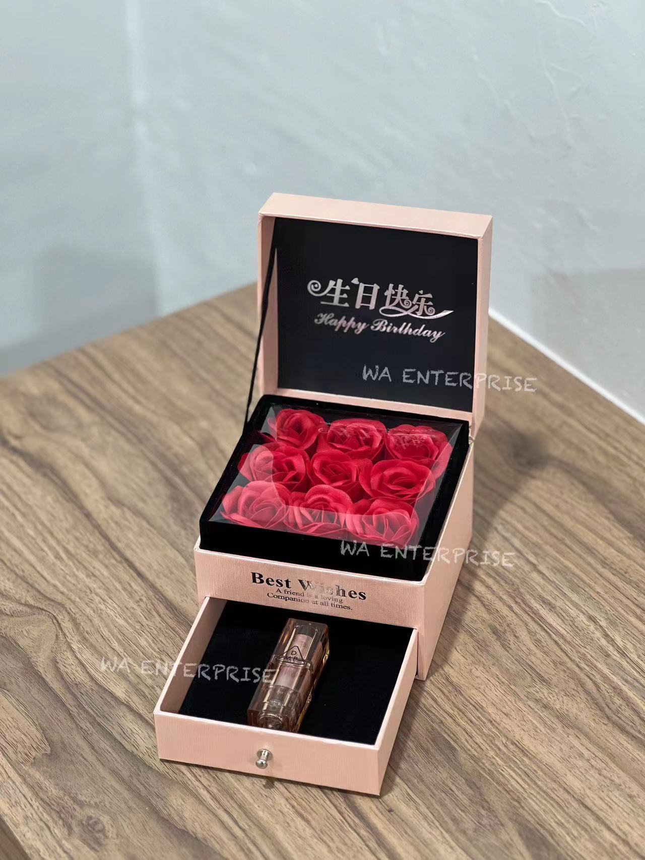 Double Layer Rose Flower Box 9 Flower with Lipstick Necklace Ring ...