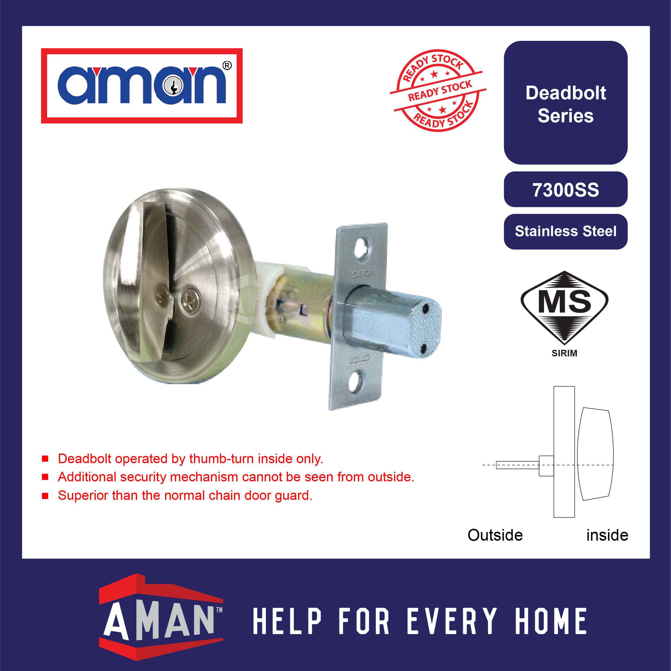 AMAN Deadbolt Lock Internal Function Single Side Cylinder Double Side ...
