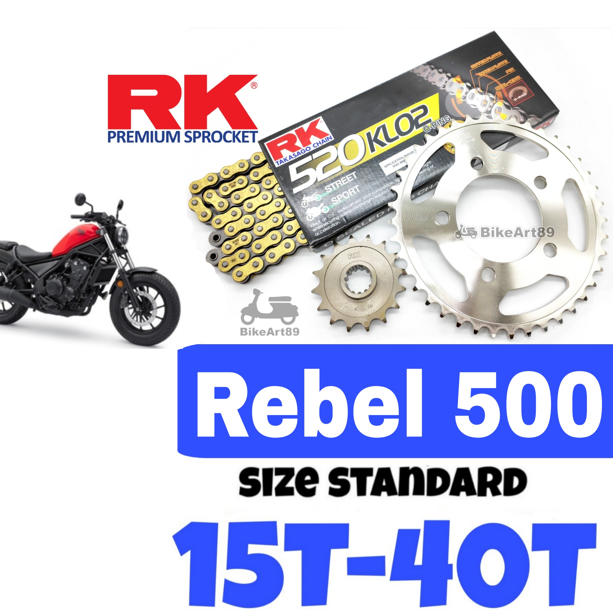 RK Sprocket Set Honda Rebel500 RK520 KLO2 O-Ring Rivet Black / Gold ...