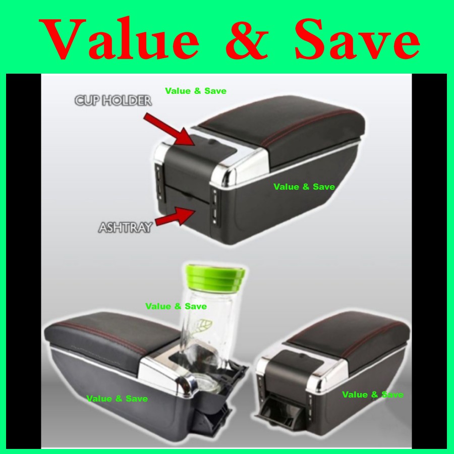 Perodua Axia 2023 New Arm Rest Armrest Black Leather Cup Holder Black Red Stitch USB console box
