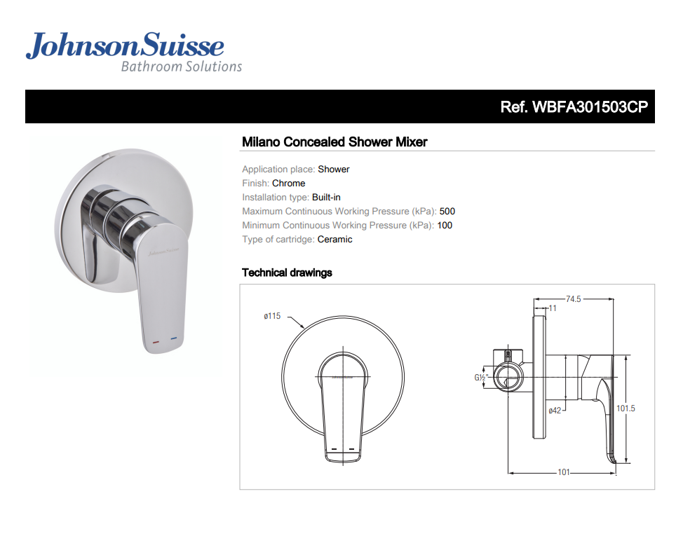 Johnson Suisse Milano Concealed Shower Mixer - WBFA301503CP | Shopee ...