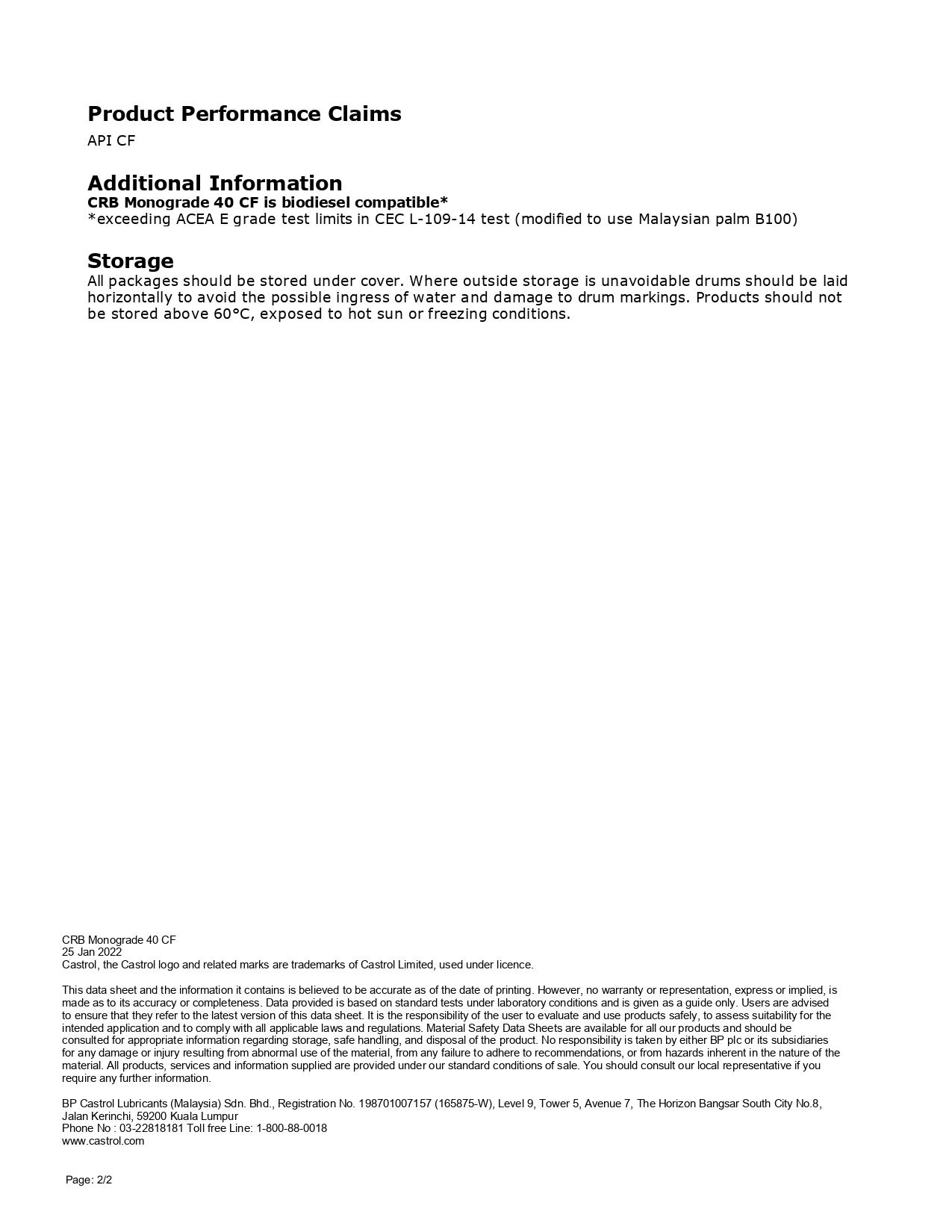 S2U Castrol Engine Oil CRB Monograde 40 CF/SF 20Liter For Diesel Enjin
