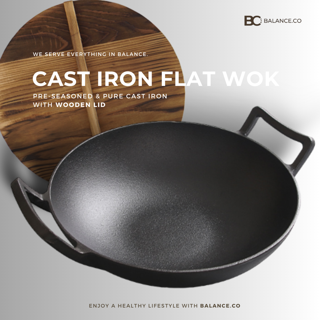Balance.co Pre-seasoned Pure Cast Iron Flat Bottom Wok with Wooden Lid ...